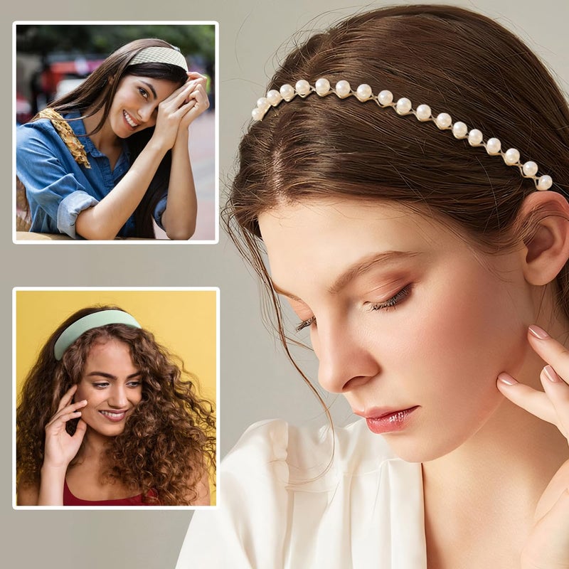 VKLANBGO مجموعة VKLANBGO من 5 قطع من عصابات الرأس النسائية بتصاميم مختلفة، طقم عصابات رأس مزينة بالزهور مانعة للانزلاق، عصابات رأس مزينة باللؤلؤ للبنات، إكسسوارات شعر، هدية مثالية لأعياد الميلاد وعيد الشكر وعيد الميلاد للفتيات والنساء، لون أخضر - Image 3